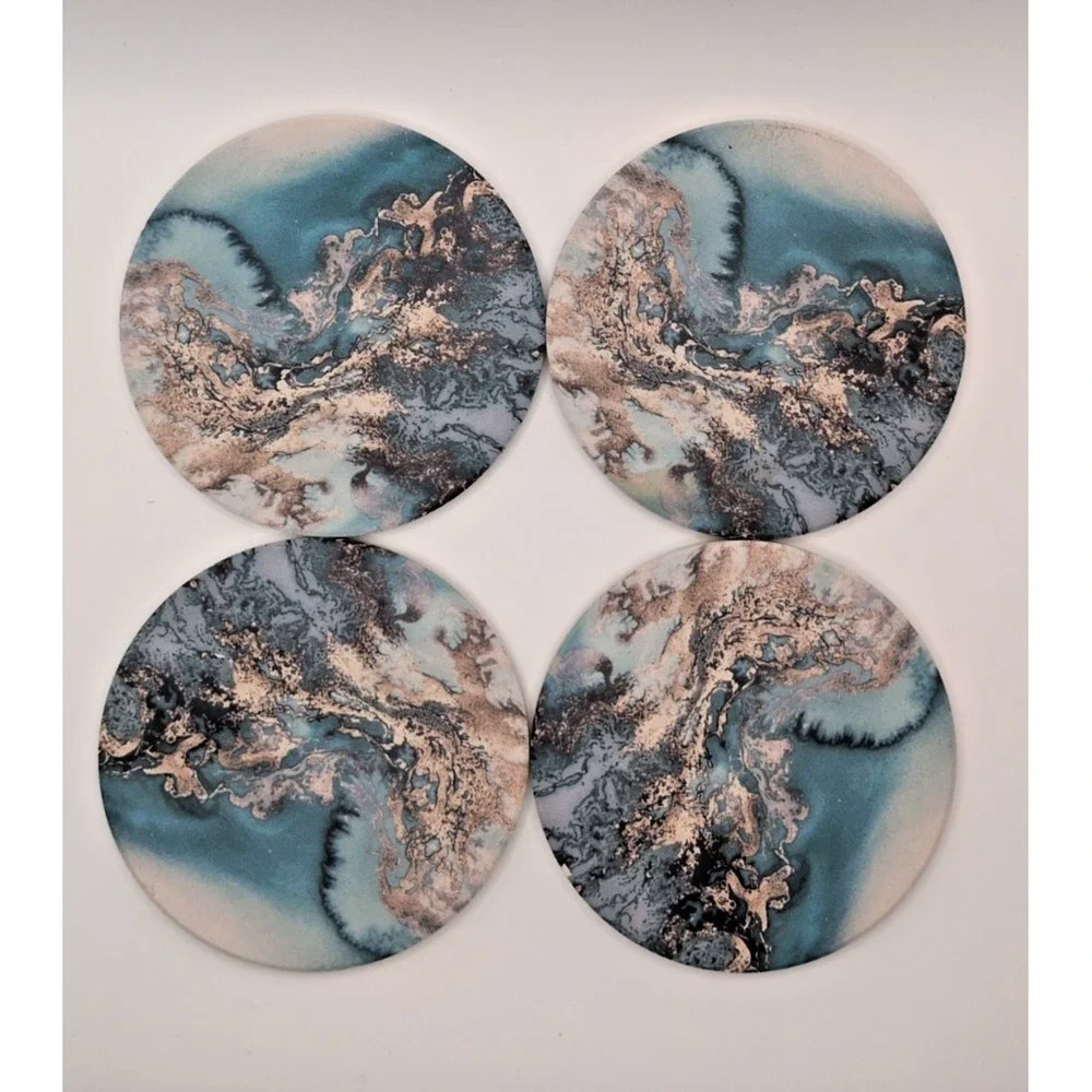 Set of 4 Abstract Coastal Marble Pattern Coasters Teal Blue Gold Cork Backing